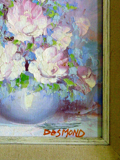 Blue Vase with Pink Peonies and Blue Delphinium Signed Desmond Original Oil on Canvas