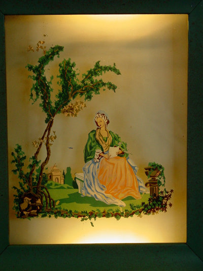 Woman In Garden Encased English Victorian Reverse Painting On Glass