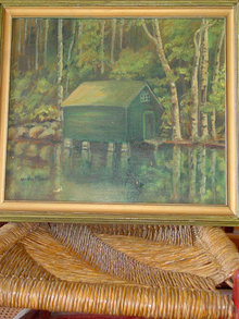 Boathouse & Birches Original Signed Lorena B. Lynch Oil on Board