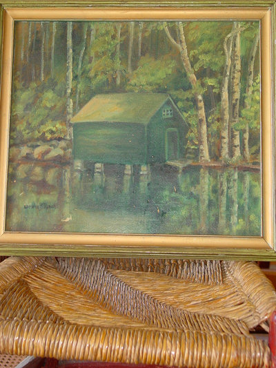 Boathouse & Birches Original Signed Lorena B. Lynch Oil on Board