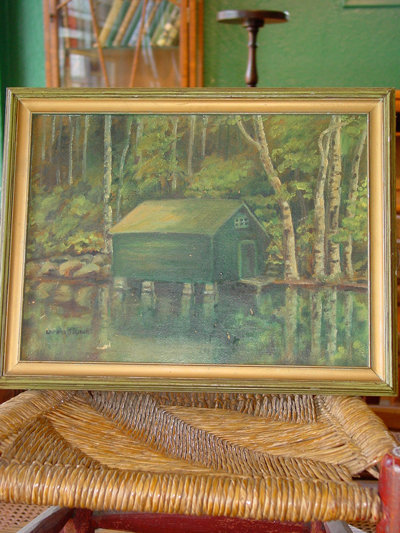 Boathouse & Birches Original Signed Lorena B. Lynch Oil on Board