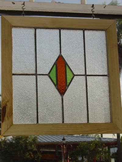 Green and Dark Orange Diamond Antique Stained Glass Window