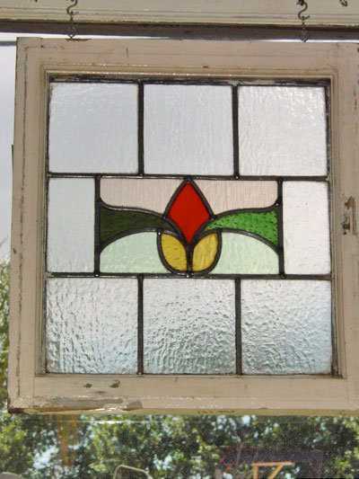 Red & Yellow Stylized Rosebud Antique Stained Glass