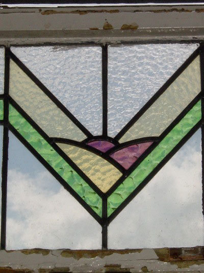 Art Deco Orchid, Green & Yellow Geometric Antique Stained Glass