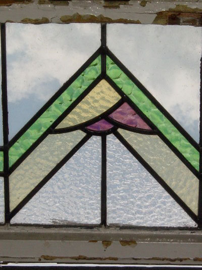 Art Deco Orchid, Green & Yellow Geometric Antique Stained Glass