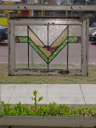 Art Deco Orchid, Green & Yellow Geometric Antique Stained Glass