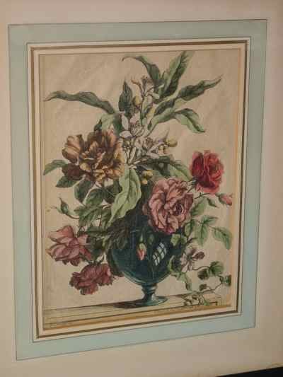 Glass Vase Floral Still Life Antique Baptiste Engraving