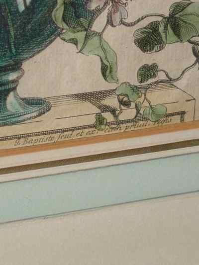 Glass Vase Floral Still Life Antique Baptiste Engraving