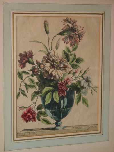 Glass Vase Floral Still Life Antique Baptiste Engraving