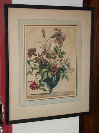 Glass Vase Floral Still Life Antique Baptiste Engraving