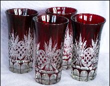 Four Red Flash Brandy Glasses Cut to Clear Design