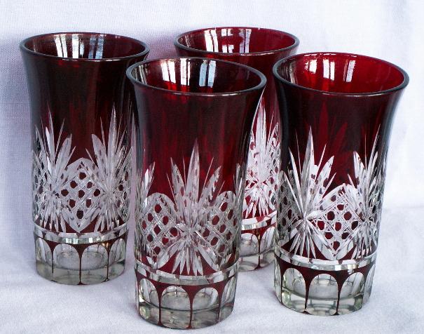Four Red Flash Brandy Glasses Cut to Clear Design