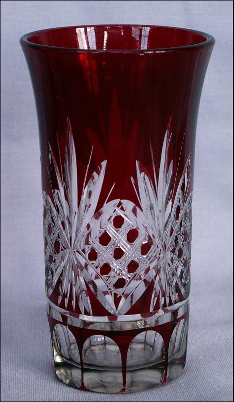 Four Red Flash Brandy Glasses Cut to Clear Design