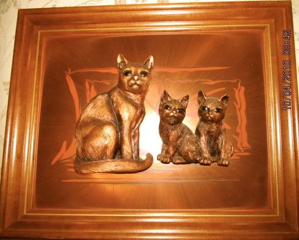 Copper Craft 3-D Cat with twin kittens Signed + Framed