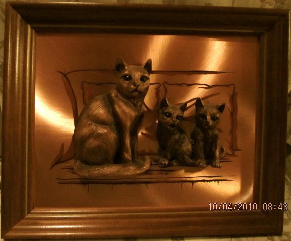 Copper Craft 3-D Cat with twin kittens Signed + Framed
