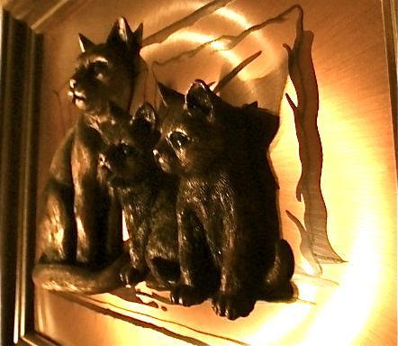 Copper Craft 3-D Cat with twin kittens Signed + Framed