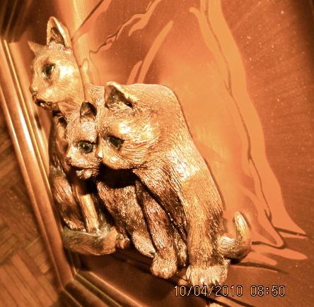 Copper Craft 3-D Cat with twin kittens Signed + Framed