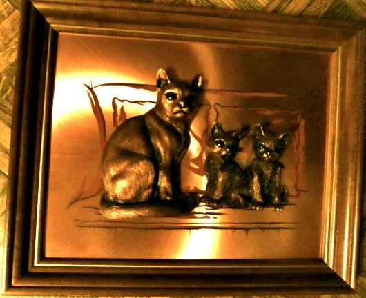 Copper Craft 3-D Cat with twin kittens Signed + Framed