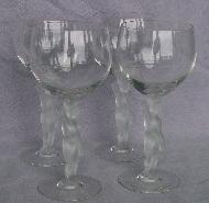 Four Crystal Frosted Figural Stem Water Glasses - Glass