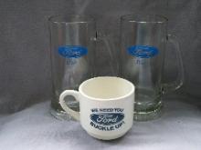 Two Glass FORD Mugs and One Ceramic FORD Coffee Cup