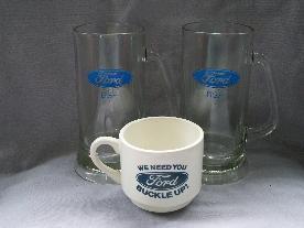Two Glass FORD Mugs and One Ceramic FORD Coffee Cup