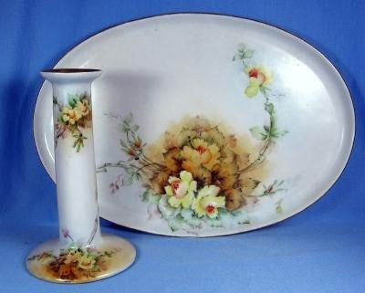 Hand Painted DRESSER TRAY & CANDLEHOLDER - MZ Austrian Ware - Austria Porcelain