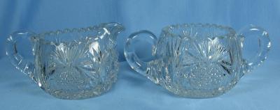 Pitkins & Brooks Cut Glass Sugar & Creamer ~ Heart Globe Cut