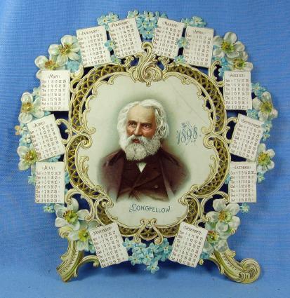 old vintage 1898 Diecut Calendar - Victorian Die Cut of LONGFELLOW - Victorian Paper