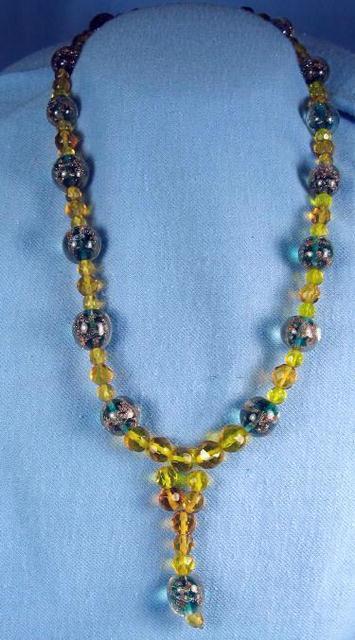 Jewelry Necklace Venetian Art Glass Bead Necklace with Faceted Amber or Vaseline Glass Beads - Vintage Jewelry