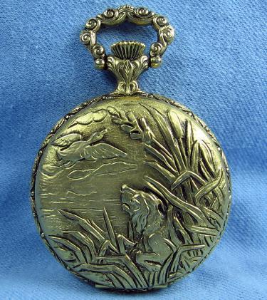old Swiss Made 17 jewel Pocket Watch - Hunt Scene DOG & DUCK Vintage Jewelry