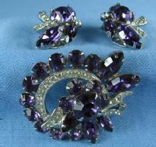 Eisenberg Amethyst & Rhinestone Brooch w/matching Clip Earring ~ Antique Designer Costume Jewelry