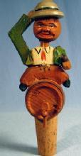 old DRUNK Setting on a wood KEG - Anri Mechanical CORKER - Hand Carved Bottle Stopper - Vintage misc Follk Artr