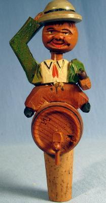 old DRUNK Setting on a wood KEG - Anri Mechanical CORKER - Hand Carved Bottle Stopper - Vintage misc Follk Artr
