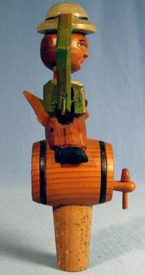 old DRUNK Setting on a wood KEG - Anri Mechanical CORKER - Hand Carved Bottle Stopper - Vintage misc Follk Artr