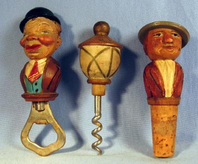 old Anri BAR SET with Bottle Stopper Corkscrew and Bottle Opener - Hand Carved Wood - Vintage Folk Art
