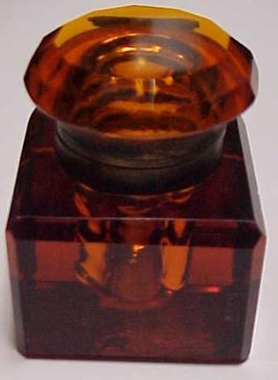 Cut Glass Amber Inkwell - Glass