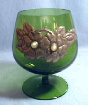 Green Glass Brandy Sniffer with Silver or Pewter Overlay Decoration