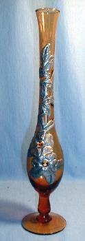 Amber Glass Bud Vase with Silver or Pewter Overlay Decoration