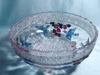 Indiana Glass BIRD & STRAWBERRY Large Glass Bowl with Original Paint - Footed Fruit or Salad Bowl - Early American Glass