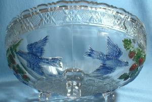 Indiana Glass BIRD & STRAWBERRY Large Glass Bowl with Original Paint - Footed Fruit or Salad Bowl - Early American Glass