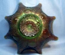 BULLS EYE & LEAVES Carnival Glass Bowl - Vintage Green Northwood Glass