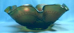 BULLS EYE & LEAVES Carnival Glass Bowl - Vintage Green Northwood Glass