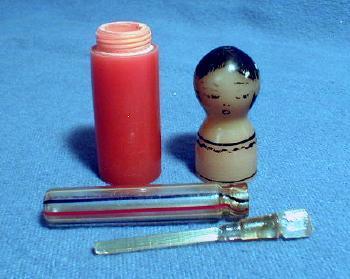 LUTZ Ribbon Art Glass Mini Perfume - Bakelite Pocket Purfume - Figural Lady Head Case