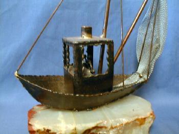 Model Sailing Ship Folk Art Metalware on Quartz