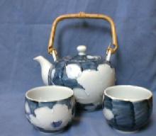 Oriental Pottery Teapot & Cups - Blue & White Oriental