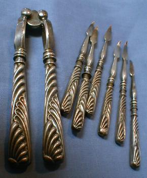 English Silver Nut Cracker with 6 Matching Picks - Antique Metalware
