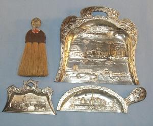 3 Piece Set of Crumb Pans with Broom Depicting 1933 CENTURY OF PROGRESS CHICAGO FAIR - Metalware