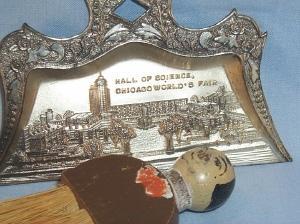3 Piece Set of Crumb Pans with Broom Depicting 1933 CENTURY OF PROGRESS CHICAGO FAIR - Metalware
