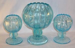 Three L. G. Wright Stormy Blue Glass Footed Rose Bowls