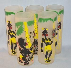 Set of Five Painted BLACK AMERICANA Frosted Ice Tea Glasses - ethnographic